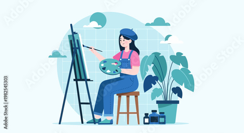 Creative portrait of painter in cool blue and teal palette