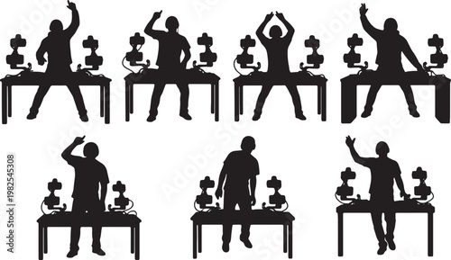 Black Solid DJ Turntable Mixing Stream Silhouettes Set of Six on White Background