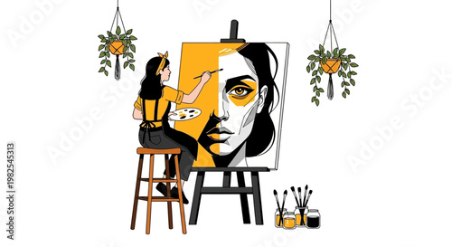 Bold artistic expression featuring female painter and geometric artwork