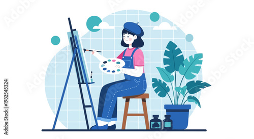 Minimalist character design of girl artist with blue beret