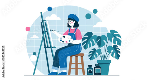 Blue-toned artistic scene with painter and potted plant