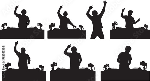 Black Solid DJ Turntable Mixing Stream Silhouettes Set of Six on White Background