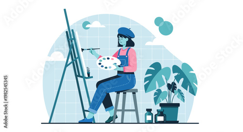 Young painter with palette and ink bottles in blue studio 