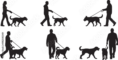 Black Solid Dog Leash Walking Silhouettes Set of Six on White Background