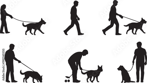Black Solid Dog Leash Walking Silhouettes Set of Six on White Background