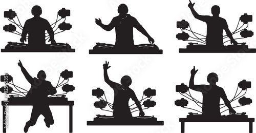 Black Solid DJ Turntable Mixing Stream Silhouettes Set of Six on White Background