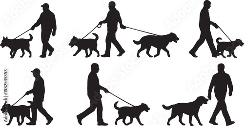 Black Solid Dog Leash Walking Silhouettes Set of Six on White Background