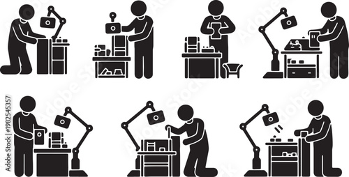 Black Solid Dollhouse Creator Timelapse Smartphone Silhouettes Set of Six on White Background