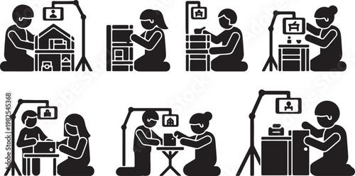 Black Solid Dollhouse Creator Timelapse Smartphone Silhouettes Set of Six on White Background