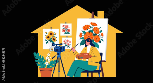 Modern female artist recording floral painting process for blog