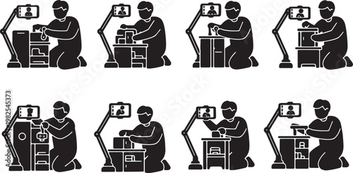 Black Solid Dollhouse Creator Timelapse Smartphone Silhouettes Set of Six on White Background