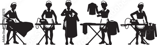 Black Solid Domestic Robot Ironing Clothes Silhouettes Set of Six on White Background