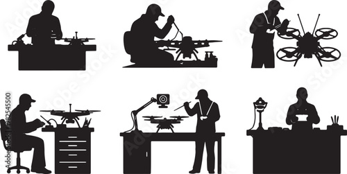 Black Solid Drone Racer FPV Quadcopter Webcam Silhouettes Set of Six on White Background