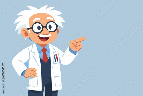 Happy Cartoon Scientist Character with Wild White Hair and Lab Coat Pointing Finger to Side, Professional Doctor Mascot for Science Education and Research Presentation, Vector Illustration