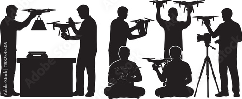 Black Solid Drone Reviewer Quadcopter Desk Silhouettes Set of Six on White Background