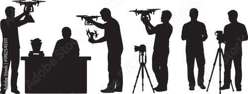 Black Solid Drone Reviewer Quadcopter Desk Silhouettes Set of Six on White Background