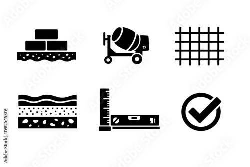 Professional vector set of black construction industry icons including foundation blocks, concrete mixer machine, steel rebar mesh, soil layers, spirit level, ruler, and checkmark for building