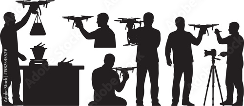 Black Solid Drone Reviewer Quadcopter Desk Silhouettes Set of Six on White Background