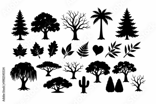 Silhouette collection of various trees and leaves on white background. Set of botanical icons including pine, palm, oak, maple, willow, cactus, fern, and foliage for nature design projects.