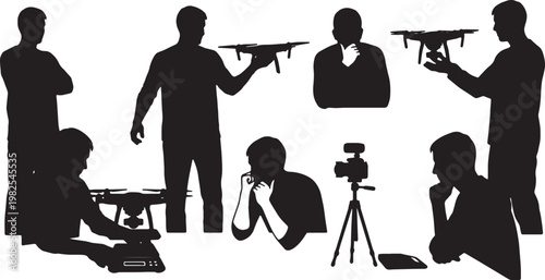 Black Solid Drone Reviewer Quadcopter Desk Silhouettes Set of Six on White Background