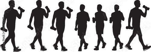 Black Solid Dumbbell Pumping Arm Power Walking Silhouettes Set of Six on White Background