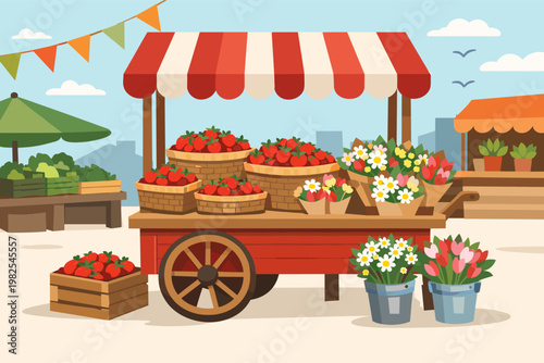 Vibrant vector illustration of a wooden market cart with a red and white striped awning, overflowing with baskets of ripe strawberries and colorful flower bouquets in a sunny outdoor setting.