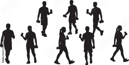 Black Solid Dumbbell Pumping Arm Power Walking Silhouettes Set of Six on White Background