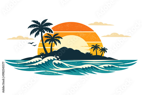 Tropical island silhouette with palm trees and ocean waves at sunset, vintage retro style vector illustration with sun and clouds, summer vacation paradise beach landscape graphic design.