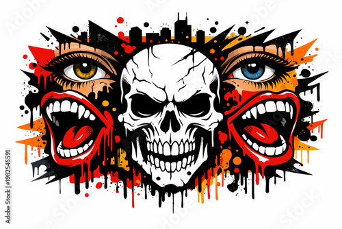 Urban Street Art Vector Illustration Featuring a Gritty Skull, Piercing Human Eyes, and Screaming Mouths with Fangs Amidst Vibrant Paint Splatters, Drips, and a Dark City Skyline Silhouette.