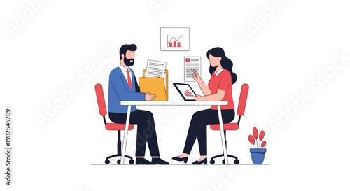 Professional colleagues sit across from each other at a desk, analyzing statistical reports and documents in a clean office setting.