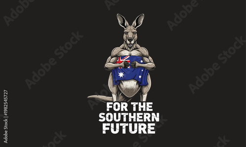 A digitally altered image of a kangaroo wearing a confederate flag as a cape with text below
