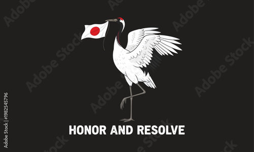 A striking graphic of a white crane carrying the japanese flag symbolizing honor and resolve in a minimalist style