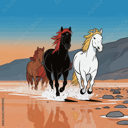 Three Horses Running on a Beach