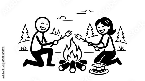 Couple Roasting Marshmallows Over a Campfire