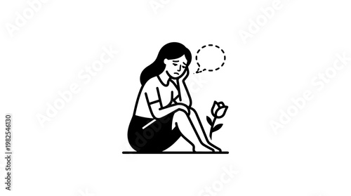 Sad Woman Sitting with a Thought Bubble and Rose