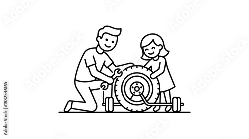 Father and Daughter Changing a Tire