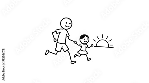 Father And Daughter Running Towards Sunrise