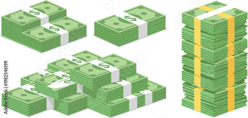 Stacked Bundles of U.S. Dollar Bills Wrapped in Bands for Finance, Banking, and Wealth Management Designs