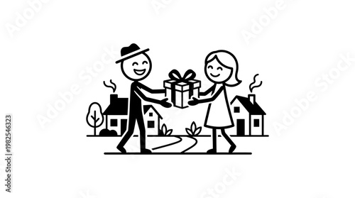 Man Giving Gift To Woman In Front Of Houses