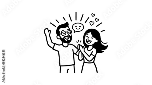 Happy Couple Cheering with Speech Bubble