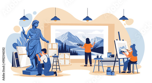 Creative studio scene with mural painting and sculpture work