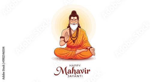 A serene illustration depicts Lord Mahavir in a meditative pose for Mahavir Jayanti, set against a clean white background with a soft glow, conveying a peaceful religious concept