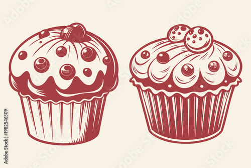 Cupcake topped with blueberries outline sketch vector illustration for bakery, dessert and food design. Symbolizing sweetness, freshness and homemade treat