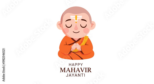 A charming illustration celebrates Happy Mahavir Jayanti with a peaceful cartoon monk meditating in a lotus position against a clean white background, embodying the jain philosophy