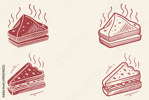 Grilled sandwich outline sketch vector illustration for fast food, snack menu design. Symbolizing taste, hunger and freshness