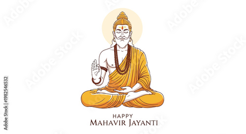Illustration for Happy Mahavir Jayanti, featuring Lord Mahavir in a meditative pose with a halo, set against a clean white backdrop, creating a peaceful and spiritual mood for the Jain