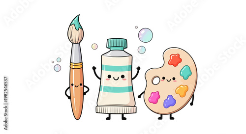 Cute anthropomorphic art supplies characters with smiling faces