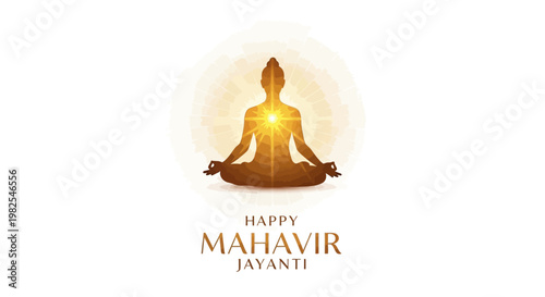 An illustration for Happy Mahavir Jayanti celebrations features a silhouette of Lord Mahavir in a meditative pose against a radiant, golden background, conveying a spiritual and peaceful