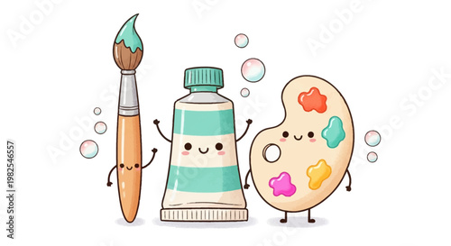 Cheerful cartoon art tools featuring paint tube brush and palette