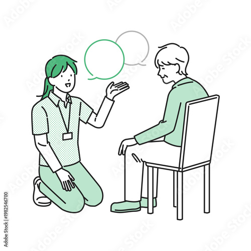 イラスト素材【介護イメージ】：若い女性介護士とシニア女性が会話するイラスト